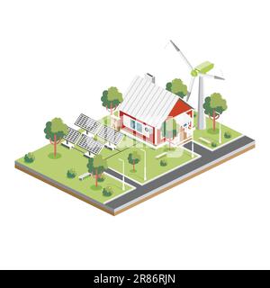 Isometrische Sonnenkollektoren mit Windturbine in einem Vorort. Umweltfreundliches Haus. Infografik. Vektordarstellung. Stadtarchitektur Isoliert. Stock Vektor