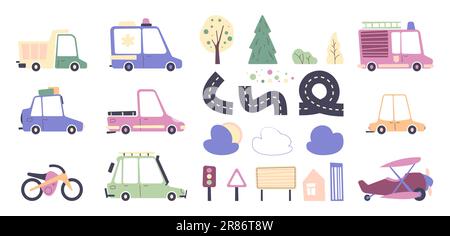 Niedliche „Road and Transport“-Kollektion. Cartoon Fahrzeugtransport Symbole Buswagen Lkw mit Verkehrsschildern Bäume Büsche, Cartoon Autotransport in flachem Stil Stock Vektor