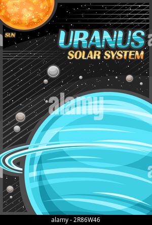 Vektorposter für Uranus, vertikales Banner mit Darstellung rotierender Satelliten um den uranus-Planeten auf schwarzem Sternenhintergrund, dekorativ Stock Vektor