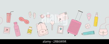 Nahtloser Vektorrand mit Reiselementen für Mädchen. Leuchtendes Gepäck, Schlafmaske, Wasser. Stock Vektor