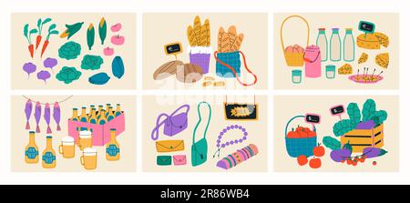 Große Auswahl an Illustrationen von lokalen Produkten. Markt für Haushaltsprodukte, Lebensmittel und Getränke. Gemüse und Obst, Craft-Bier, Leder und Schmuck Stock Vektor