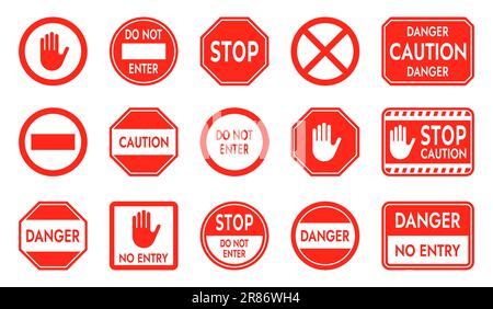 Verbotsschild. Warnung Gefahr Fußgängerübergang, Verbotszone für Fahrzeuge und Warnschild für Straßenübergang. Vektordarstellung. Straßenschilder Stock Vektor