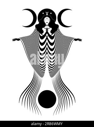 Magische Dreifachgöttin, Priesterin. Schöne Fee mit langem Kleid. Gotische Hexe, Wicca, heiliges weibliches Design, magischer schwarzer Mond. Vektor isoliert Stock Vektor