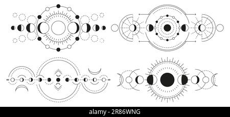 Mondphasen magische Geometrie. Vollmond-Halbmond und Gibbuus-Ikonen, heilige Symbole des Universums, Hexerei, Mystizismus, Astrologie. Vektorsatz. Mystische Esoteri Stock Vektor