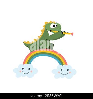 Liebenswerte, handgezogene, kindliche Dinosaurierfiguren sitzen auf einem Regenbogen und spielen Flöte. Stock Vektor