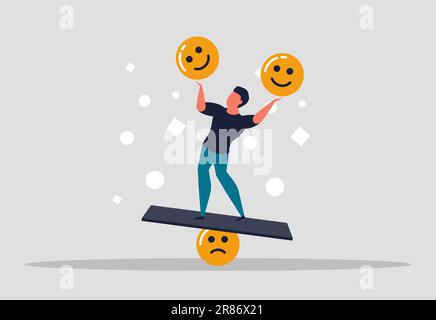 Ein Gefühl des Gleichgewichts über menschliche Emotionen. Ein Mann, der sich selbst und seine Emotionen kontrolliert. Stress bewältigen und glückliche Menschen. Ein Mann balanciert auf einem Panel und Stock Vektor