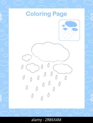Wolke mit Regentropfen Einfache Cartoon-Malseite mit Beispiel-Vektordarstellung, saisonales Sommer-ausdruckbares Freizeitaktivitäts-Arbeitsblatt, Umweltkonzept, Lehrerressourcen Stock Vektor