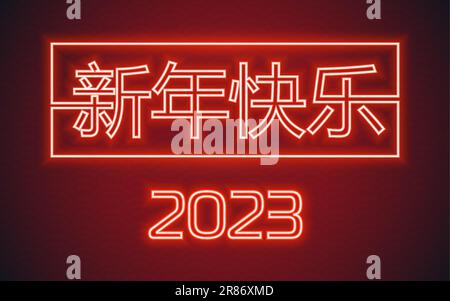 Happy Chinese Silvester 2023 Rabbit Zodiac Schild, Neondesign auf farbigem Hintergrund (Chinesische Übersetzung: Happy New Year 2023, Year of Rabbit) Stock Vektor