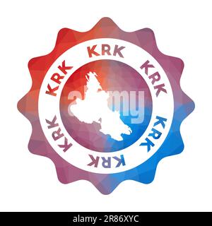 Logo von Krk Low Poly. Farbenfrohes Logo der Insel für Steigungen im geometrischen Stil. Mehrfarbiges polygonales Krk-Rundzeichen mit Karte für Ihre Infografik Stock Vektor