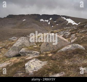 Braeraich und Cairn Lochan aus Creag an Leth-Choin (Lurcher's Crag), den Cairngorms, Schottland, Großbritannien Stockfoto