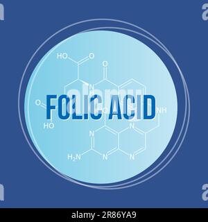 Folsäure, Vitamin B9, rundes Symbol mit Formel, blauer Hintergrund, Vektor medizinische Illustration Stock Vektor