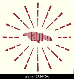 Jamaika-Logo. Grunge Sunburst Poster mit Landkarte. Die Form Jamaikas ist gefüllt mit Hexziffern mit Sonnenstrahlen. Stock Vektor