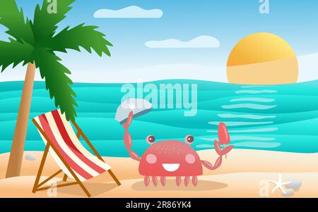 Tropischer Strandpanorama-Hintergrund mit niedlichem Krabbencharakter im Cartoon-Stil, Kapitän Hut und Eis in Krallen, Reise- oder Urlaubskonzept, Vektordarstellung Stock Vektor