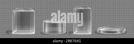 transparenter Ständer aus 3D-Glas, Podium-Display-Box auf Hintergrund isoliert. Leere Kristallplattform für Produktpräsentation oder -Präsentation. Mini Stock Vektor