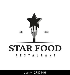 Das Retro-Design einer Gabel und eines Sternsymbols kann als Food-Logo für ein Restaurant verwendet werden Stock Vektor