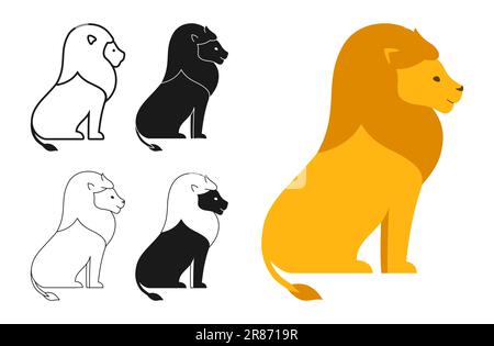 Cartoon-Set mit wilden Löwen. afrikanisches leo-Symbol für sitzende Säugetiere, Strichlinie oder Silhouette. Flache, lustige Löwenfigur, Tiersymbol. Handgezeichnete einfache abstrakte König-Zoo-Maskottchen-Vektordarstellung Stock Vektor