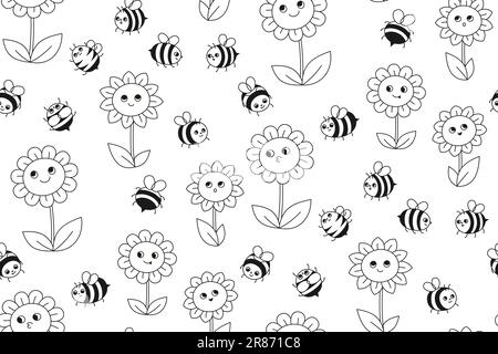 Bienenhonig und Blumen im Retro-Design. Sommer-Zeichentrickfilm Wiese Kinder Schmuck. Honigbienen-Insektenfiguren mit lustigen Gesichtern, endloser Hintergrund. Comic-Linie Bienen kritzeln endlose Illustration Stock Vektor