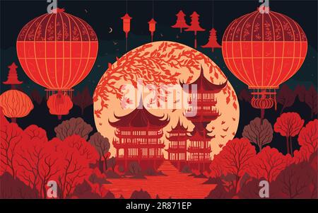 Illustration, die die bezaubernde Tradition des Chinese Lantern Festivals feiert. Stellen Sie eine ruhige Nachtszene mit leuchtenden Laternen dar Stock Vektor