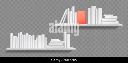 Weißes, leeres 3D-Buchregal-Cover-Bibliotheksmodell. Realistisches Vektorwandmodell für Bücherregale isoliert auf transparentem Hintergrund. Büro- oder Ladenpräsentati Stock Vektor