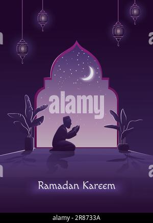 Ramadan Kareem bete. Eid Mubarak, muslimisches Islam-Gebet, Mann in der Nacht, wenn er zu Hause fastet, Fensterbogen und traditionelle Laterne. Arabischer Religionsfeiertag Stock Vektor