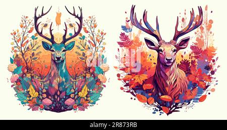 Wunderschönes Hirschporträt mit bunten Blumen Girlande, isoliertes Vektorbild. Stock Vektor