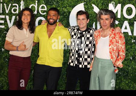 Mexikanischer Fußballspieler und Schauspieler Cristo Fernandez, britischer Schauspieler Kola Bokinni, britischer Schauspieler Billy Harris und britischer Schauspieler James Lance posieren bei einem Fotoanruf für die TV-Serie "Ted Lasso" im Rahmen des 62. Monte-Carlo Television Festivals in Monaco am 17. Juni, 2023.picture & Copyright © Thierry CARPICO / ATP images (CARPICO Thierry / ATP / SPP) Stockfoto