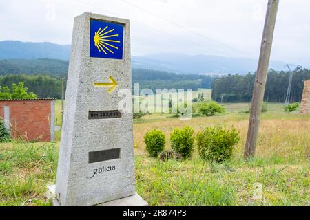 Wegweiser des Way Saint James, markiert Muscheln für Pilger zur Compostela Kathedrale in Galicien Stockfoto