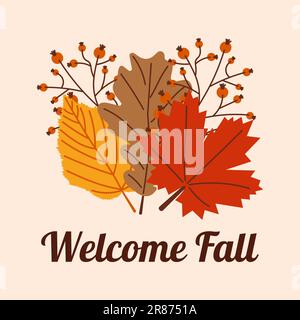 Beginn des Herbstes. Gemütliche Herbstpostkarte. Schriftzug Willkommen Herbst. Warme Herbstsaison... Vektor-Illustration. Stock Vektor