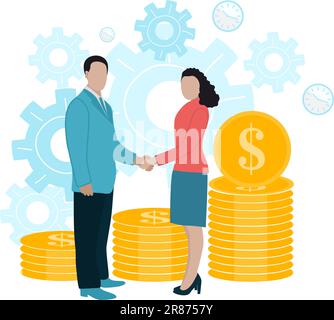 Veranschaulichung des Abschlusses der Transaktion. Mann und Frau schütteln sich die Hände auf einem Stapel Münzen, Zahnrädern und Uhren Stock Vektor