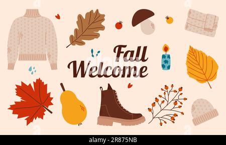 Beginn des Herbstes. Gemütliche Herbstkollektion. Warme Herbstsaison. Vektordarstellung. Stock Vektor