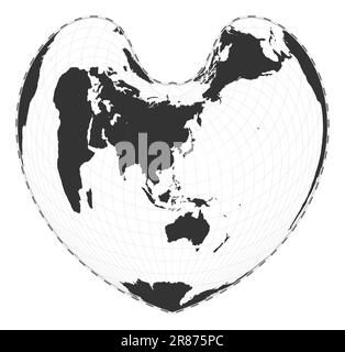 Vector-Weltkarte. Die pseudokonische Gleichflächenprojektion nach Bonne. Geografische Karte mit Breiten- und Längengraden. Zentriert auf 120deg W Länge Stock Vektor