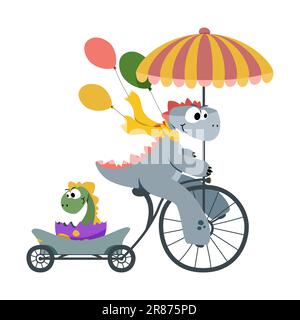 Süßer Dino mit einem kleinen Dinosaurier auf einem Fahrrad. Kinder Zeichentrickfigur Dino. T-Shirt-Grafiken. Stock Vektor