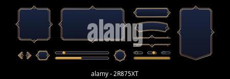 Spiele-UI-Elemente mit goldenen Rahmen im mittelalterlichen Stil. Knöpfe, Banner, verschiedene Formen, Fortschrittsbalken, Pfeile und Schieberegler mit Fantasy-Metallrahmen, ve Stock Vektor