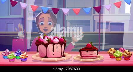 Eine hungrige Frau, die durch das Süßwarenfenster Desserts ansieht. Vektor-Cartoon-Illustration einer weiblichen Figur, die den appetitlichen Erdbeerkuchen bewundert Stock Vektor