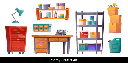 Innenraum des Werkstattraums in der Garage oder im Untergeschoss. Isolierte Zimmereiwerkzeuglagerung auf weißem Hintergrund. Regal mit Ausrüstung und Kasten im Technikerraum Stock Vektor