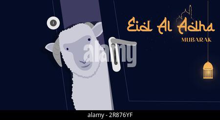 Eid Al Adha Mubarak Feier-Banner mit einer Ziege auf blauem Hintergrund. Vektorposter-Design. Stock Vektor