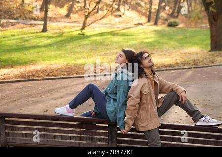 Ein junges Paar sitzt auf einer Holzbank im Herbstpark. Dating-Agentur Stockfoto