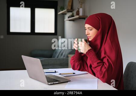Muslimische junge Frau im Hidschab trinkt Kaffee, während sie zu Hause in einem Laptop arbeitet. Stockfoto
