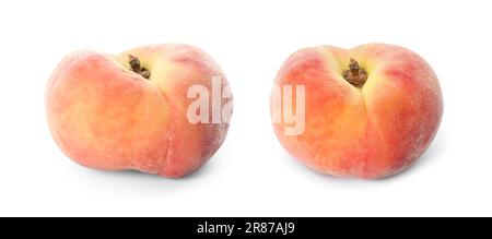 Zwei leckere flache Pfirsiche auf weißem Hintergrund Stockfoto