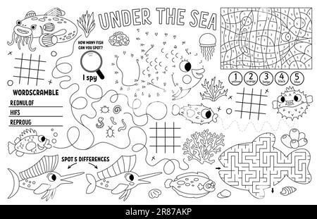 Vector-Unterwasser-Tischset für Kinder. Ocean Life ausdruckbare Spielmatte mit Labyrinth, Tic tac TOE Charts, verbinde die Punkte, finde den Unterschied. Unter Wasser Stock Vektor