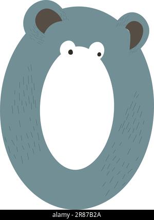 Null-Zeichen-Zahl mit Gesicht und Maulkorb, Gesichtsausdruck und lustigem Aussehen. Isolierte animalistische Persönlichkeit mit Ohren und Augen, Mathematik lernen Stock Vektor