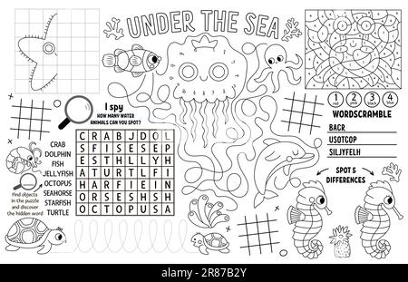 Vector-Unterwasser-Tischset für Kinder. Ocean Life ausdruckbare Spielmatte mit Labyrinth, Tic tac TOE Charts, verbinde die Punkte, finde den Unterschied. Unter Wasser Stock Vektor