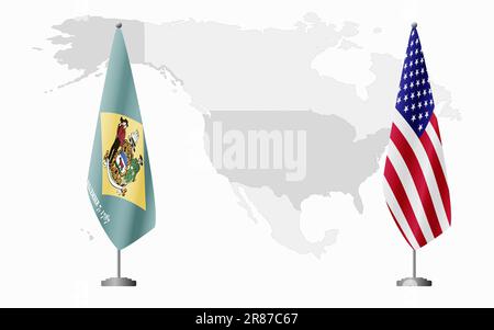 Delaware US- und USA-Flaggen für offizielle Treffen vor dem Hintergrund der Weltkarte. Stock Vektor
