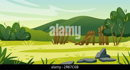 Cartoon-Garten. Malerischer Himmel und Naturwiesen. Holzzaun. Gartenblumen. Bäume und Büsche. Natürliches Feld und grüne Berge. Sommerlandschaft Stock Vektor