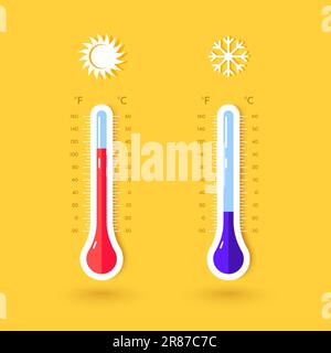 Heißes und kaltes Wetter. Celsius- oder Fahrenheit-Thermometerskalen. Warmtemperatur Grad. Sommersonne. Schneeflocke im Winter. Hitze- oder Gefriermessgeräte Stock Vektor
