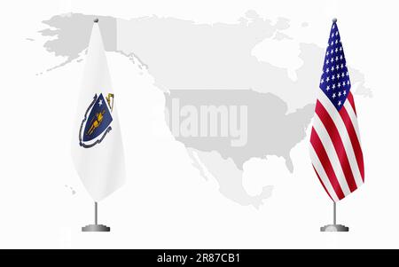 US- und USA-Flaggen von Massachusetts für offizielle Treffen vor dem Hintergrund der Weltkarte. Stock Vektor