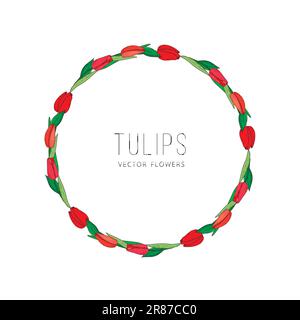 Handgezeichneter Vektorrahmen mit roten Blumen, Tulpen, Zweig und Blättern. Elegante Logo-Vorlage. Stock Vektor