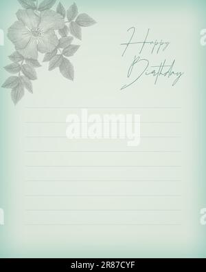 Vintage Karte Happy Birthday for Congratulations and wishes, with Rosehip flower handgezeichnet. Vektordarstellung Stock Vektor