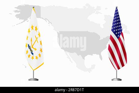 Rhode Island US- und USA-Flaggen für offizielles Treffen vor dem Hintergrund der Weltkarte. Stock Vektor