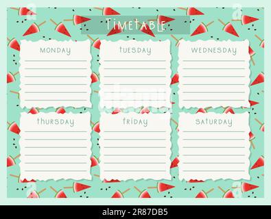 Zurück zur Schule Zeitplan mit gemusterter Wassermelone. Fahrplan für den Unterricht. Plan Note-Schulung. Planer, Tabellenklasse, Vorlage. . Vektordarstellung Stock Vektor